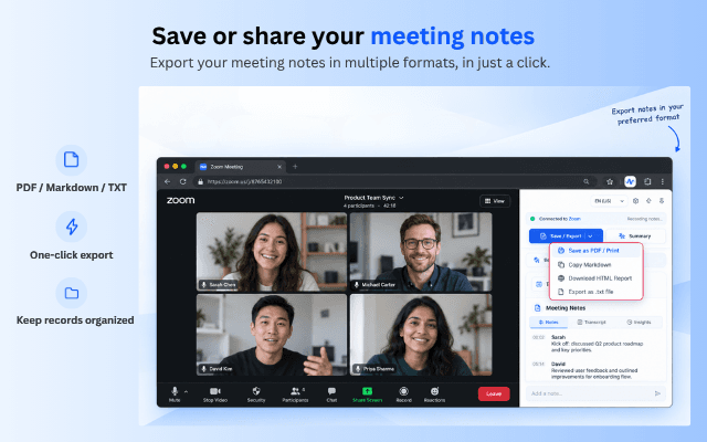 MeetFlow export menu with PDF, Markdown, HTML and TXT options