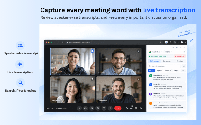 MeetFlow live speaker-wise transcript in the Chrome Side Panel